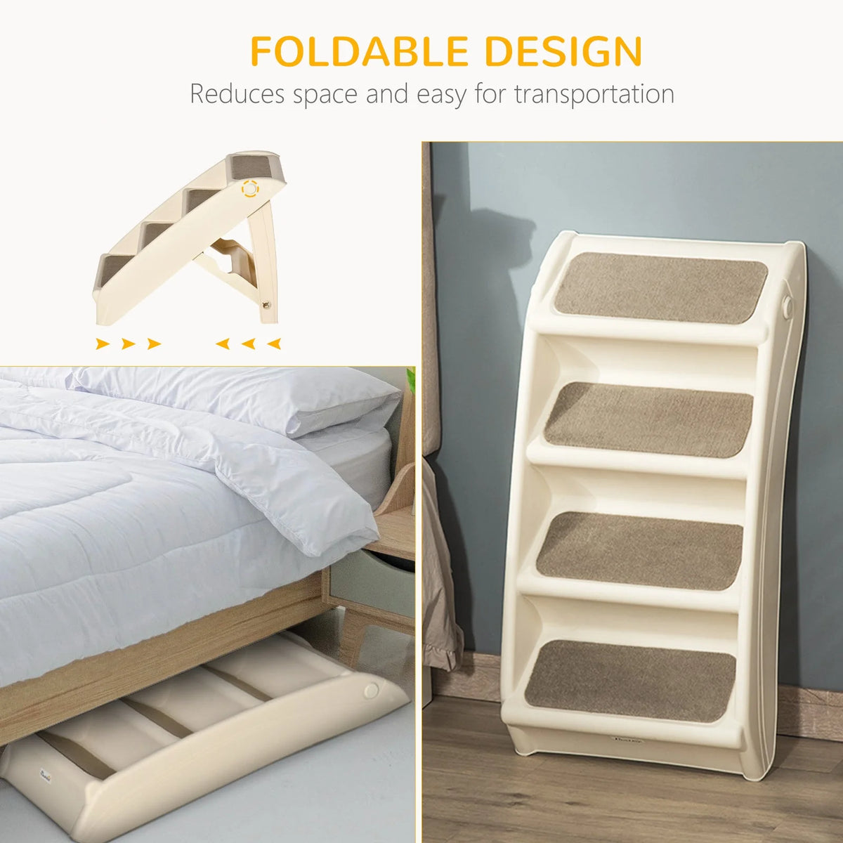 Pet Stairs 4-Step Foldable Carpeted Treads & Non-Slip Feet