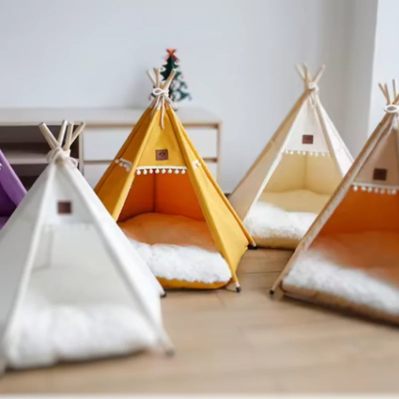 Pet Teepee Canvas With Pine Poles & Washable Cushion