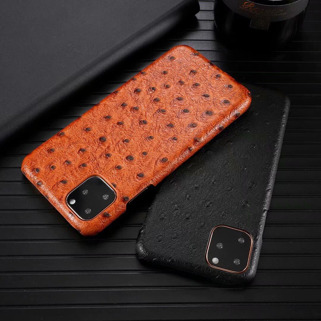 Phone Case Genuine Leather Ostrich Pattern Shockproof Edge-to-Edge Protection