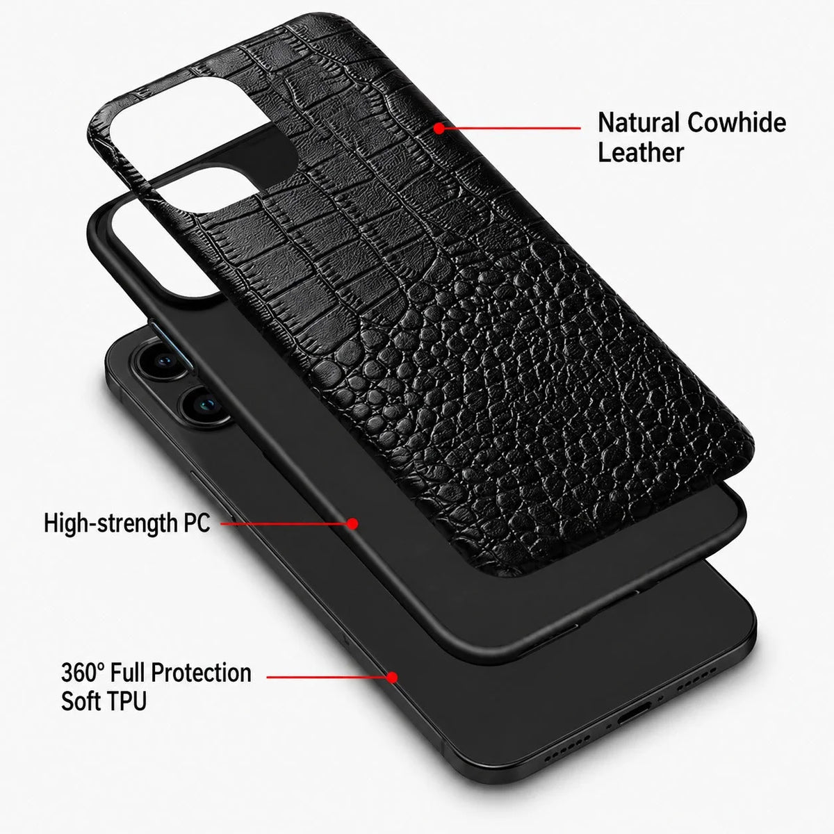 Phone Case Genuine Leather Reptile Texture Black