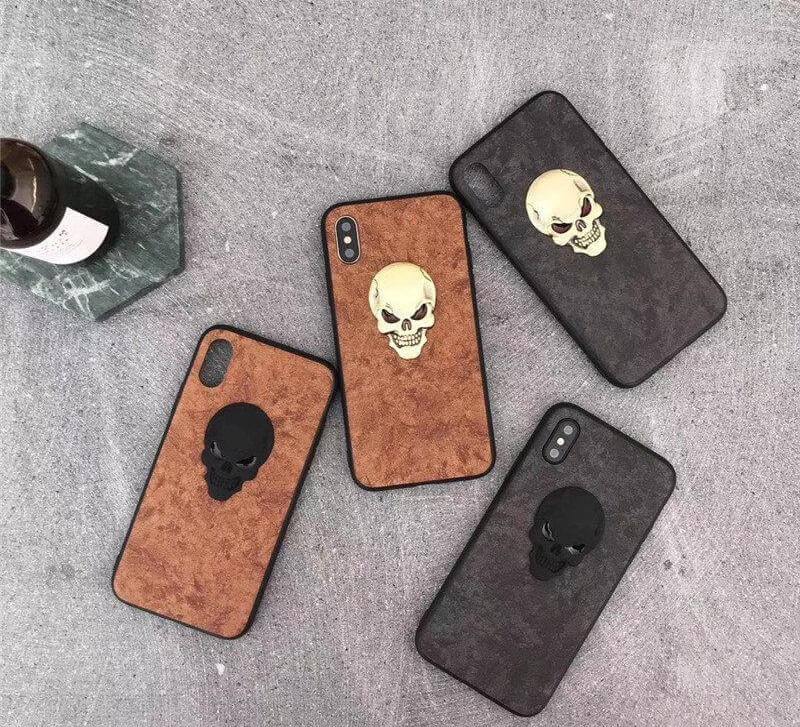 Phone Case Genuine Leather Skull Design Impact-Resistant
