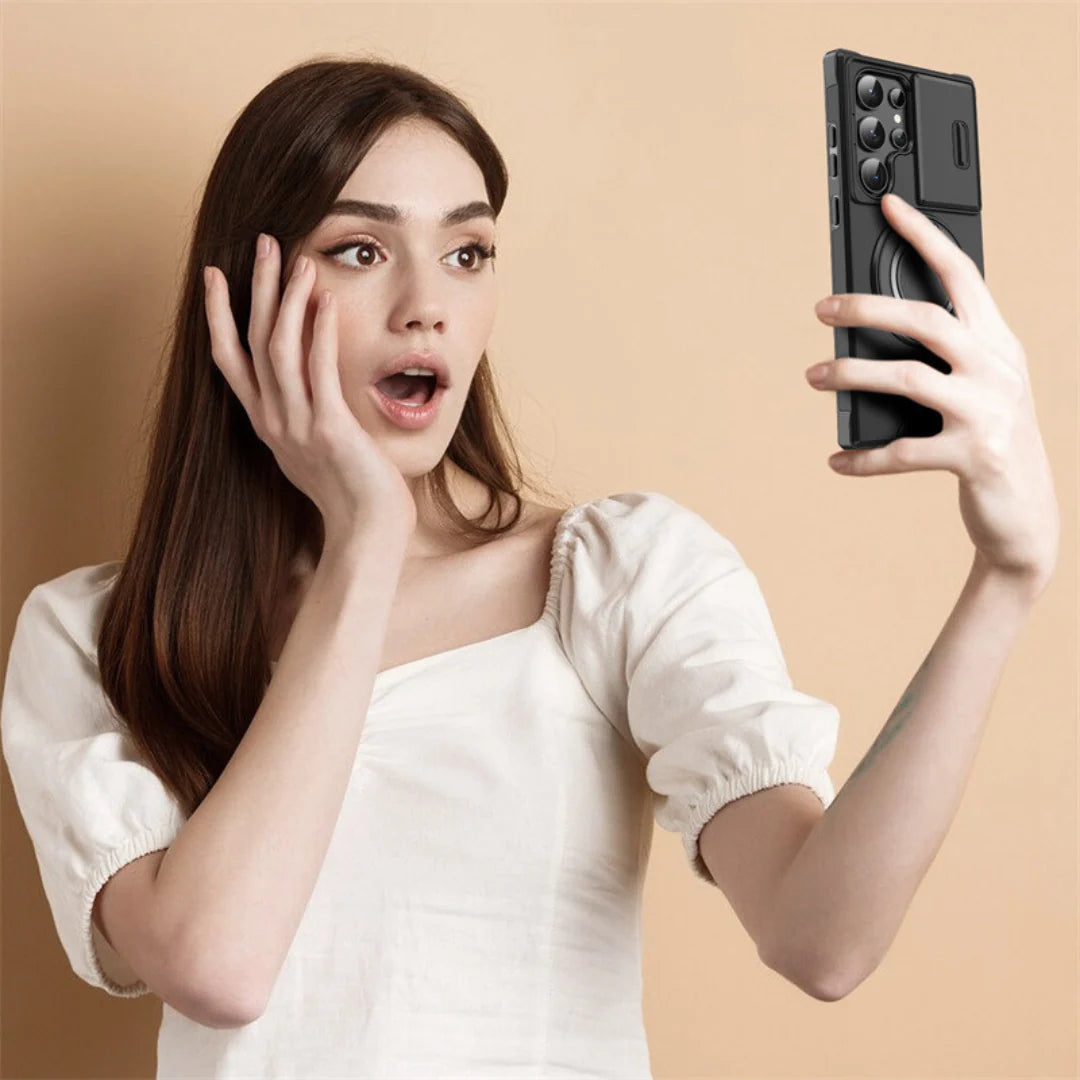 Phone Case Shock-Absorbing Ring Stand Sliding Camera Cover & MagSafe-Compatible