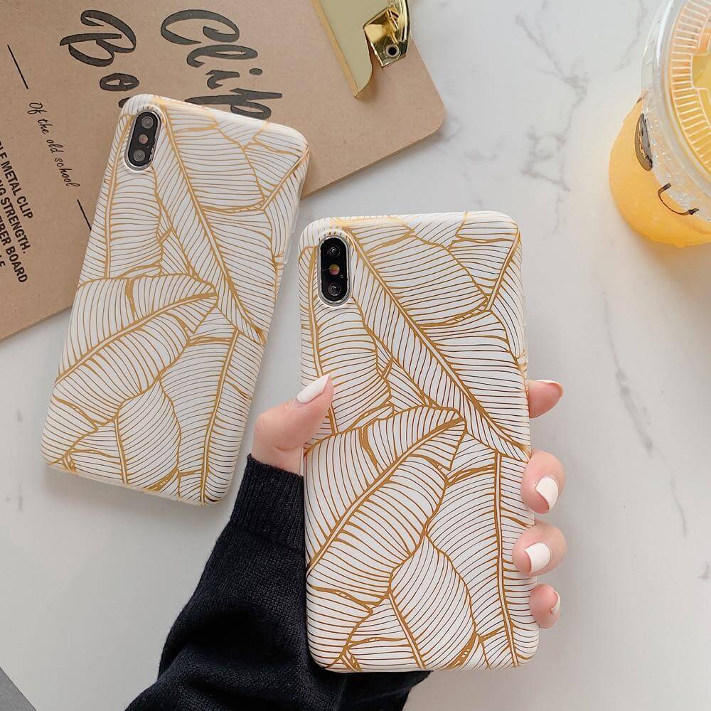 Phone Case Shockproof Banana Leaf Print Beige
