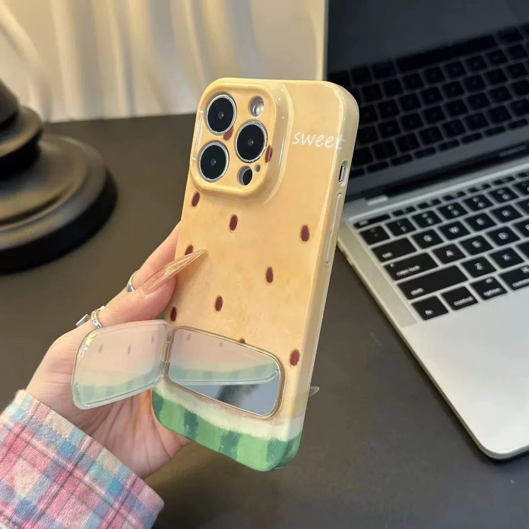 Phone Case Silicone Built-In Mirror Watermelon Design