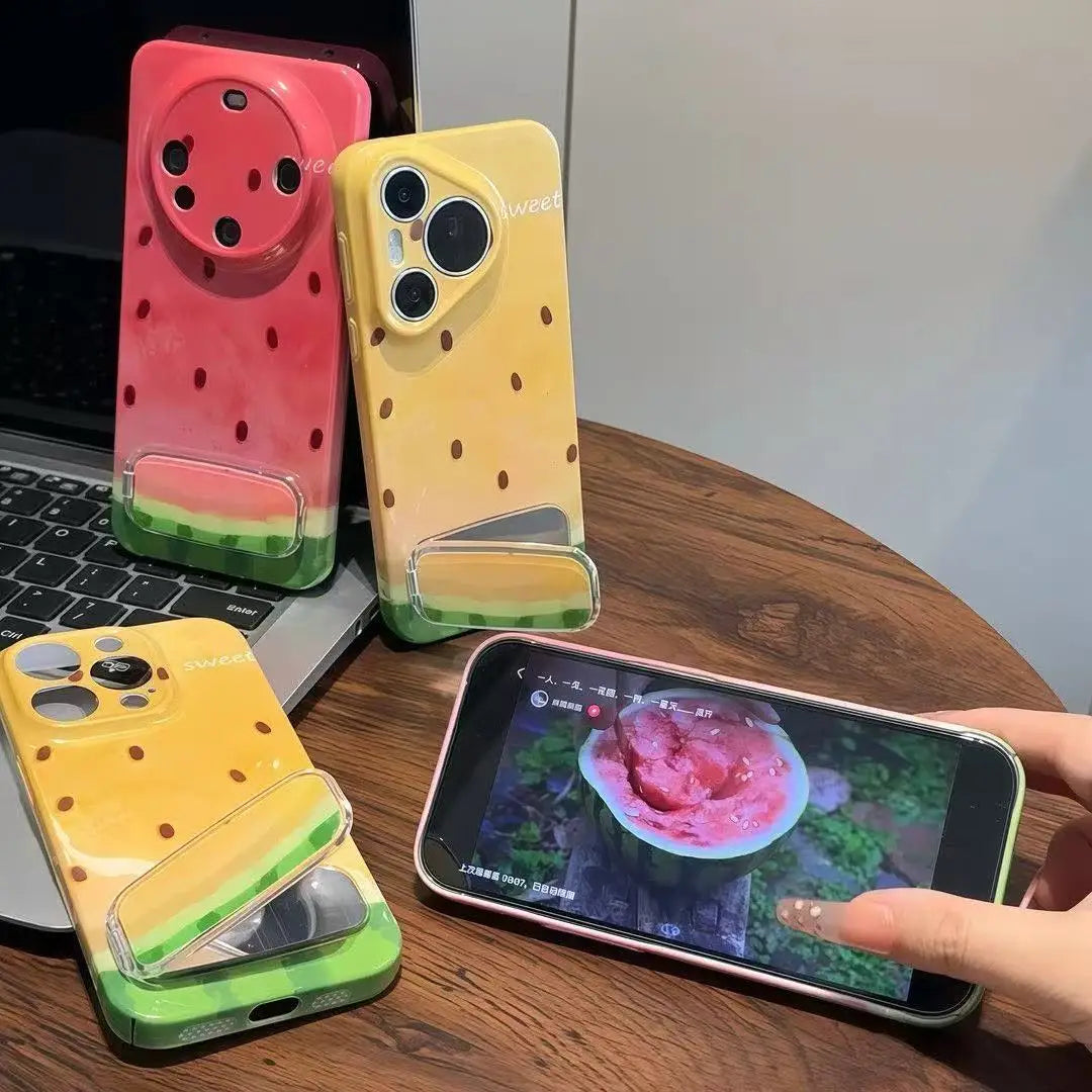 Phone Case Silicone Built-In Mirror Watermelon Design