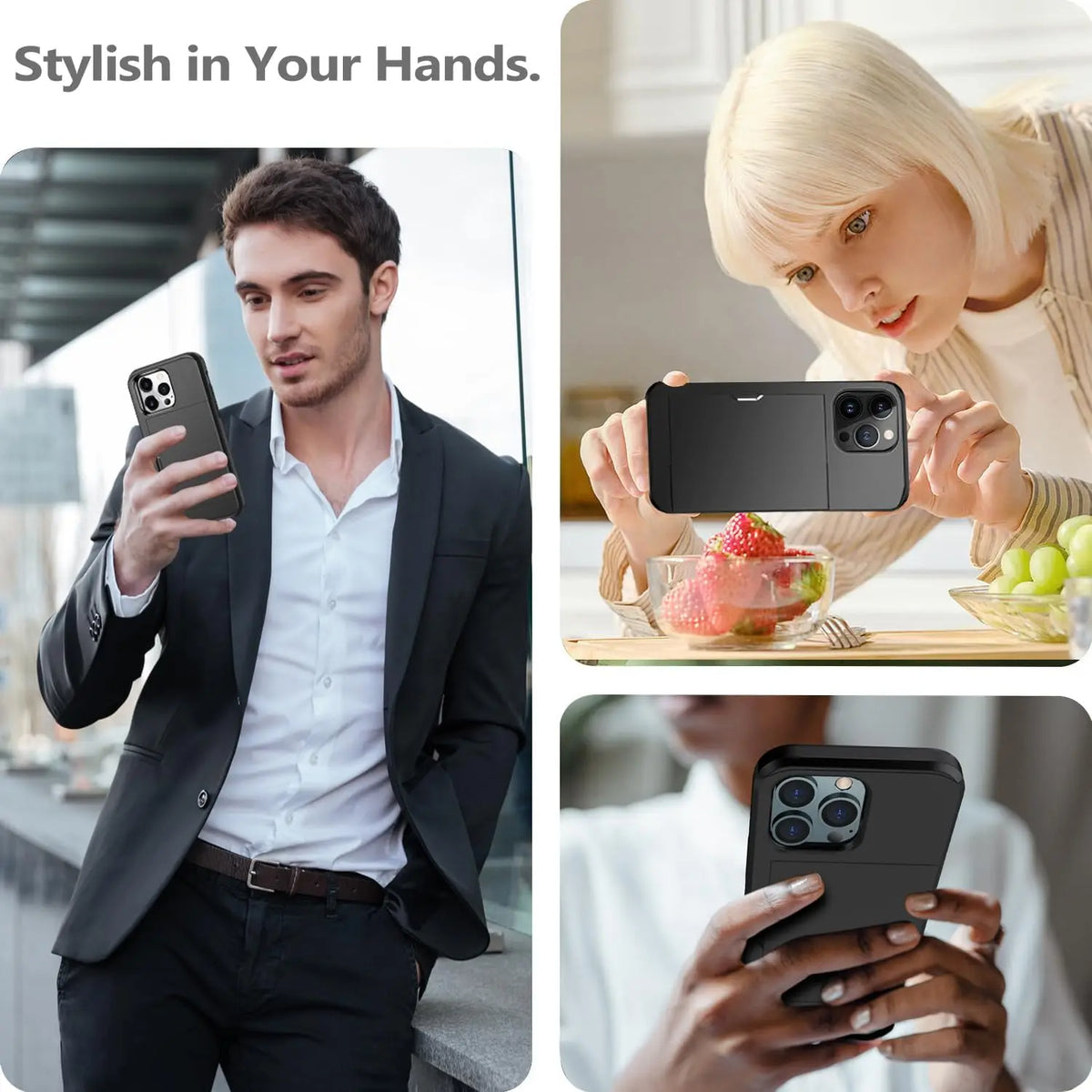Phone Case Sliding Card Holder Shock-Resistant Wireless Charging Compatible