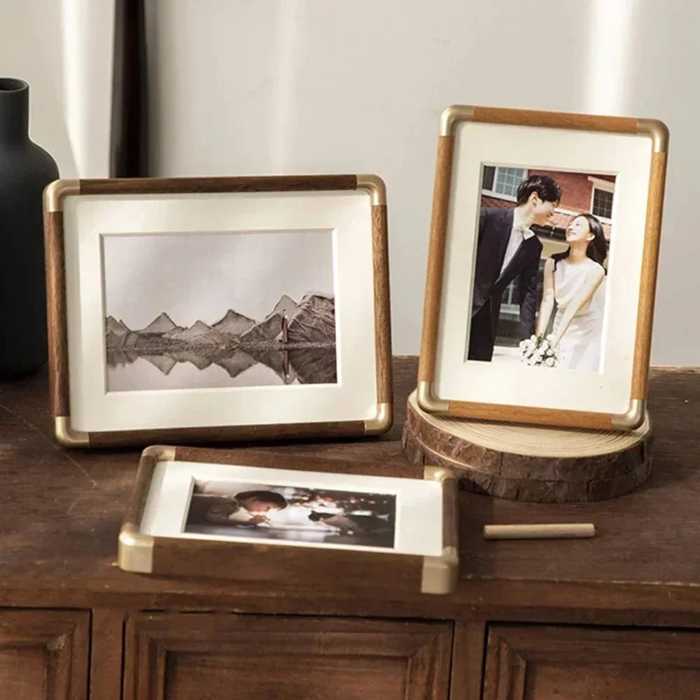 Photo Frame Solid Wood Brass Corners Freestanding Portrait & Landscape Display