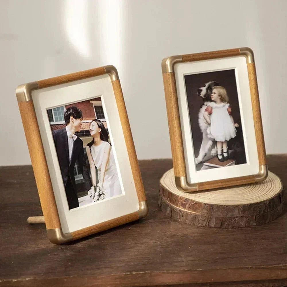Photo Frame Solid Wood Brass Corners Freestanding Portrait & Landscape Display
