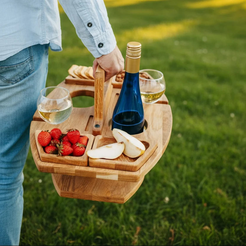 Picnic Table Natural Wood Divided Compartments for Wine and Snacks