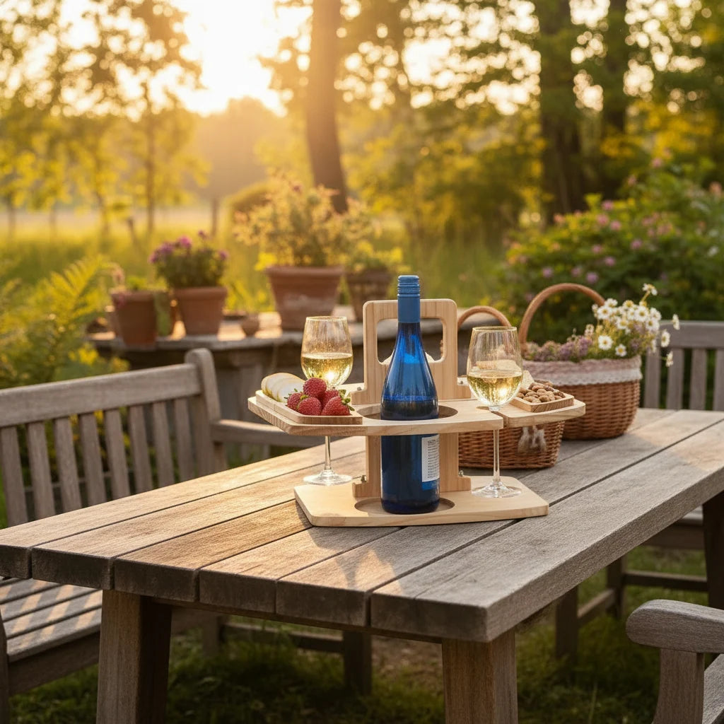 Picnic Table Natural Wood Divided Compartments for Wine and Snacks