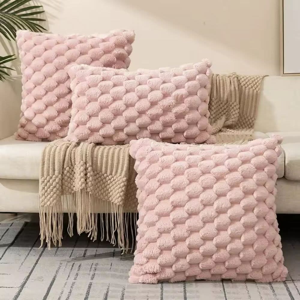 Pillow Cover 3D Plush Grid Machine Washable Zipper Closure