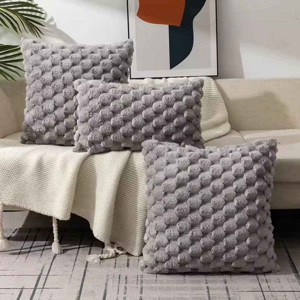 Pillow Cover 3D Plush Grid Machine Washable Zipper Closure