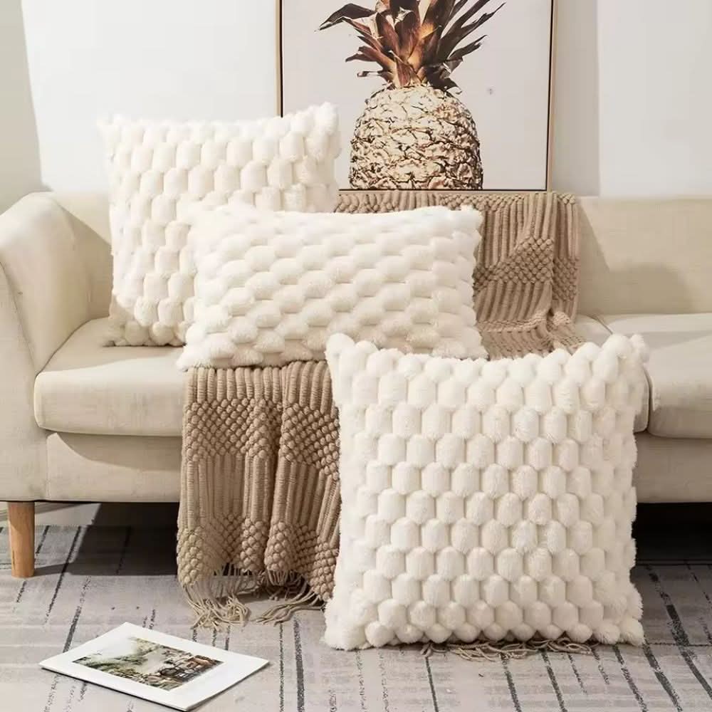 Pillow Cover 3D Plush Grid Machine Washable Zipper Closure