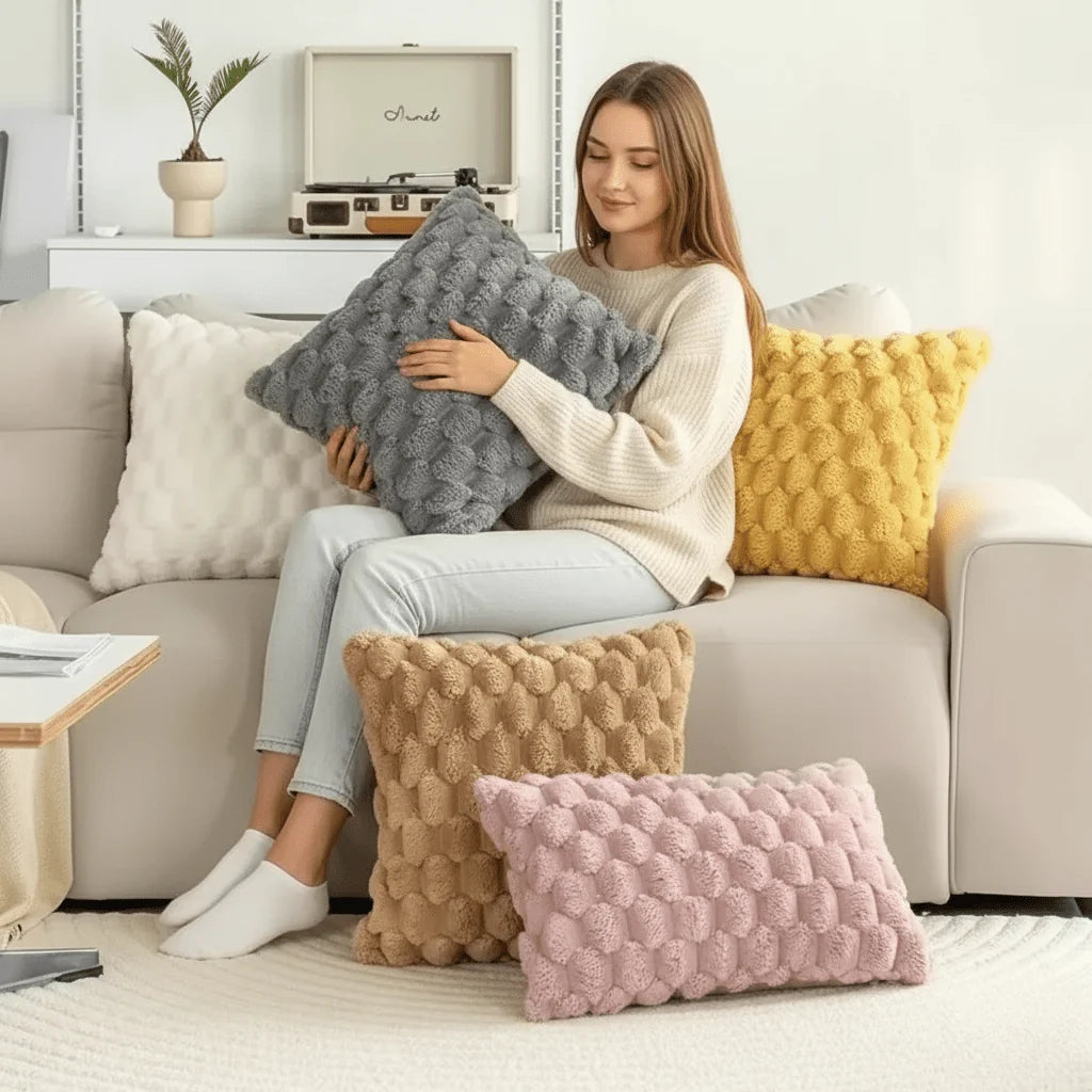 Pillow Cover 3D Plush Grid Machine Washable Zipper Closure
