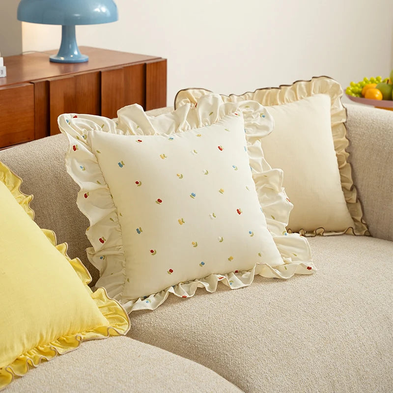 Pillow Cover Cotton Blend Cherry Embroidery & Ruffle Edge