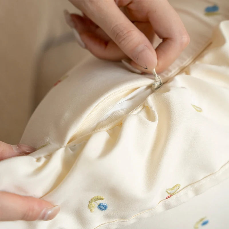 Pillow Cover Cotton Blend Cherry Embroidery & Ruffle Edge
