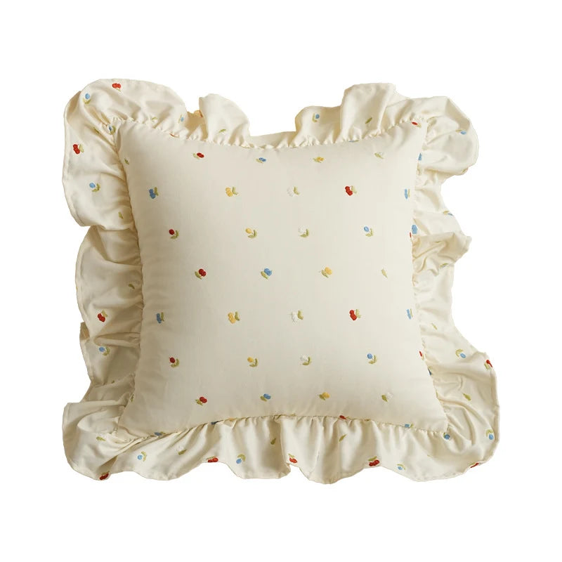 Pillow Cover Cotton Blend Cherry Embroidery & Ruffle Edge