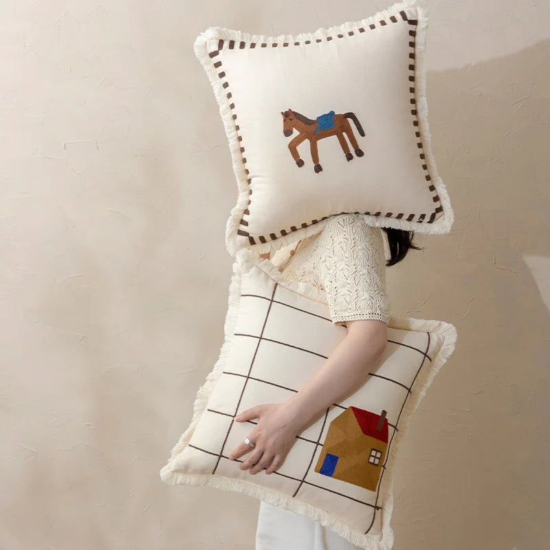 Pillow Cover Cotton Blend Embroidered Applique & Fringe