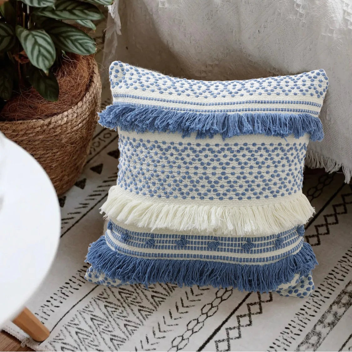 Pillow Cover Cotton Blend Woven Dot Tufting & Fringe