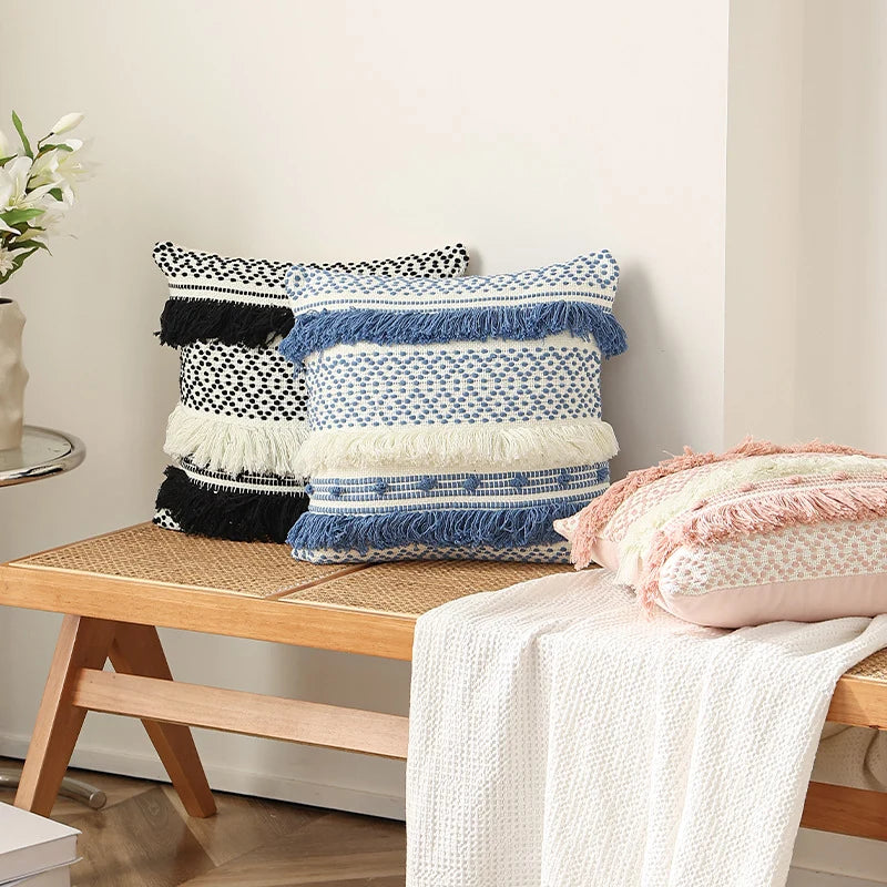 Pillow Cover Cotton Blend Woven Dot Tufting & Fringe