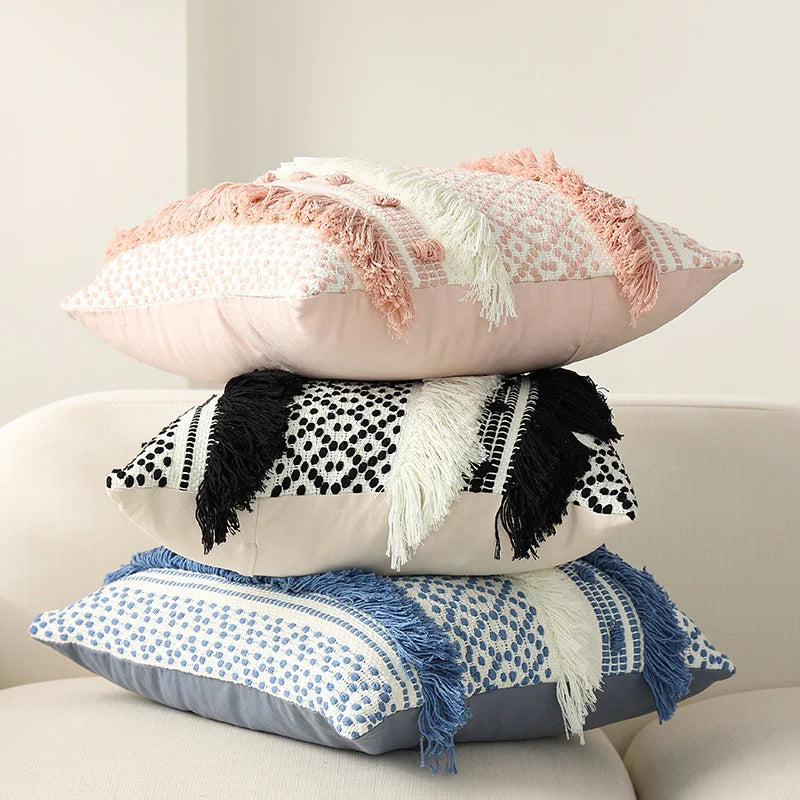 Pillow Cover Cotton Blend Woven Dot Tufting & Fringe