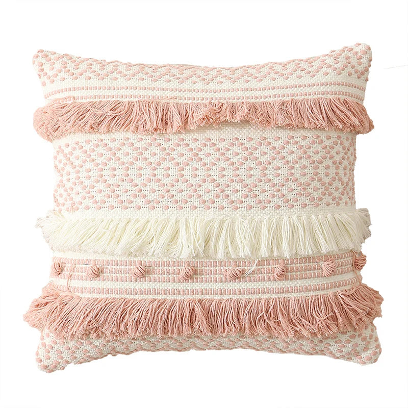 Pillow Cover Cotton Blend Woven Dot Tufting & Fringe