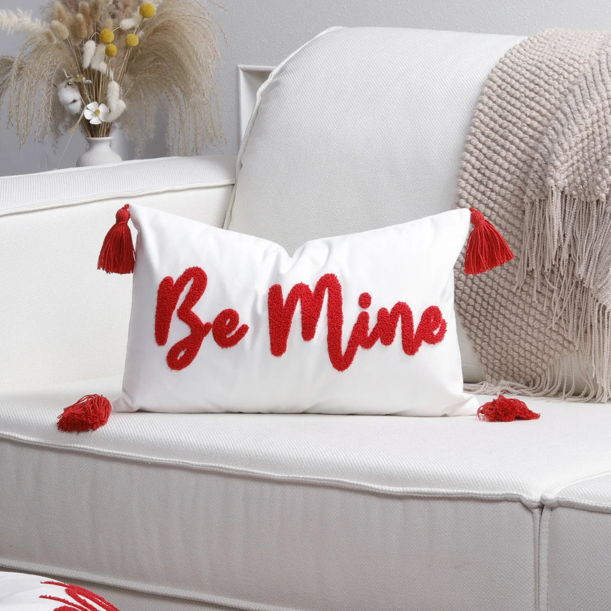 Pillow Cover Cotton-Linen Fuzzy Heart & Tassel Corners