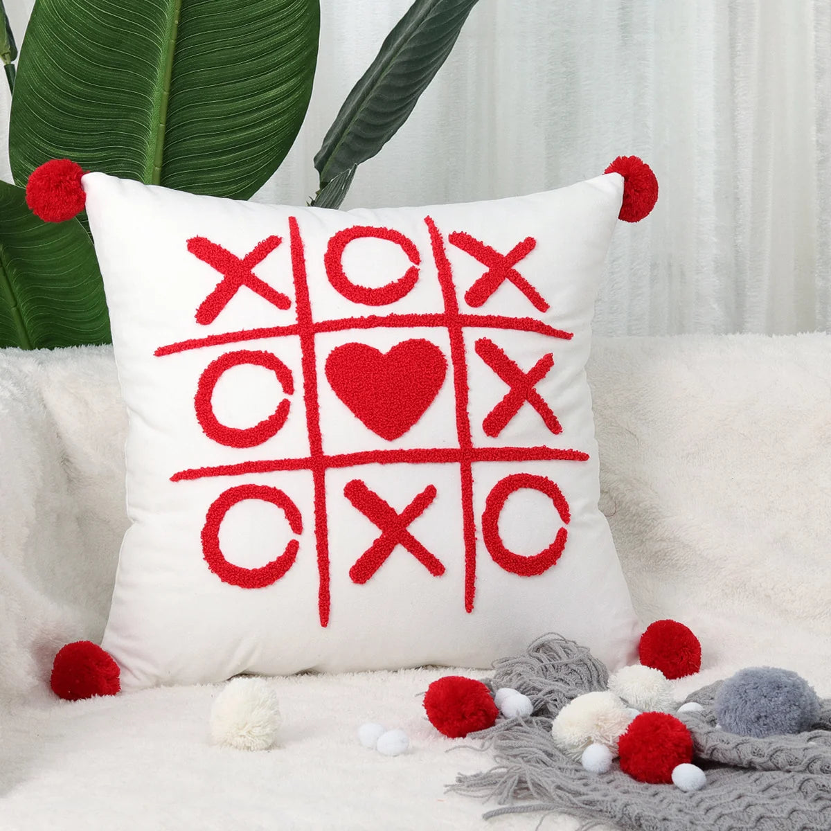 Pillow Cover Cotton-Linen Fuzzy Heart & Tassel Corners