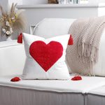 Pillow Cover Cotton-Linen Fuzzy Heart & Tassel Corners
