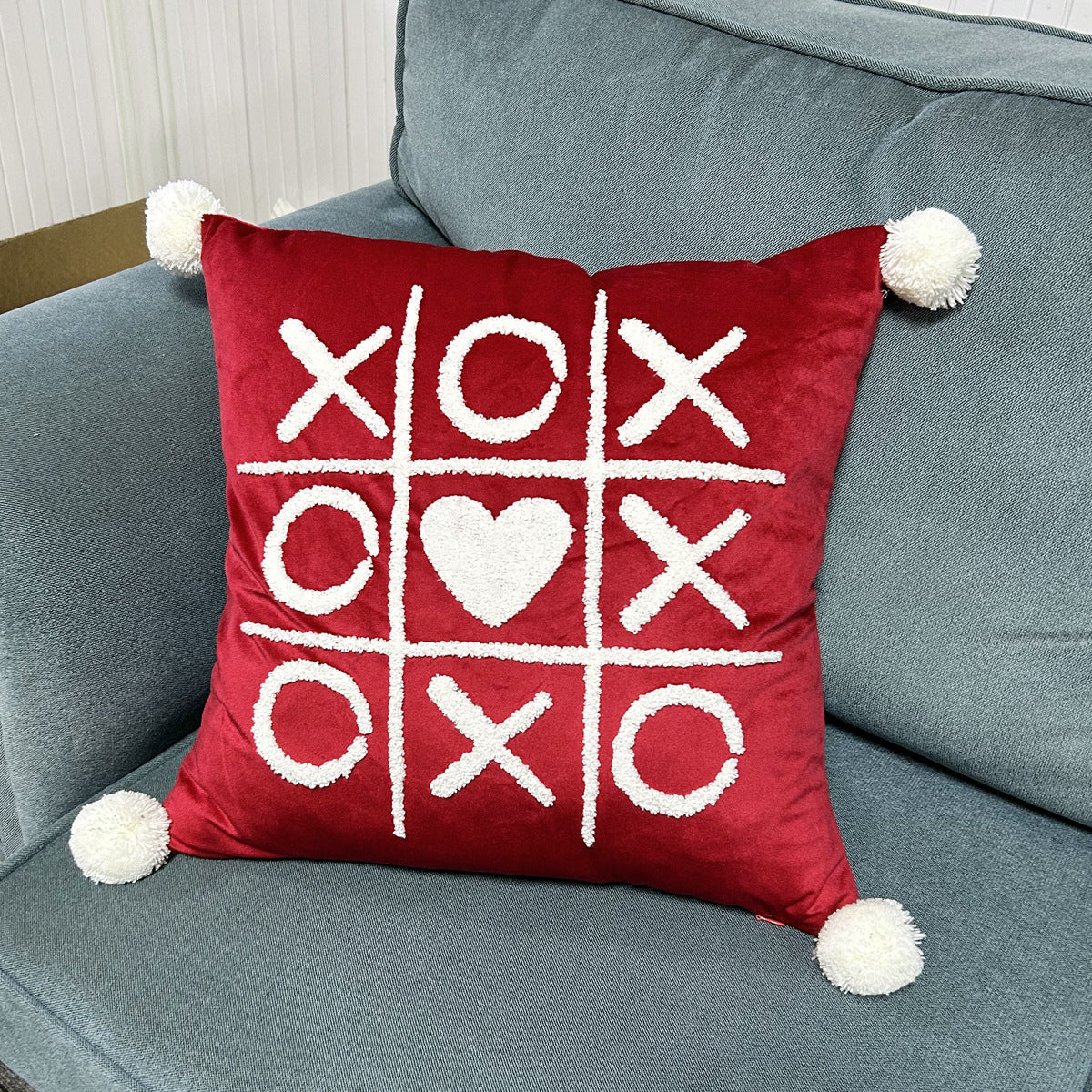 Pillow Cover Cotton-Linen Fuzzy Heart & Tassel Corners