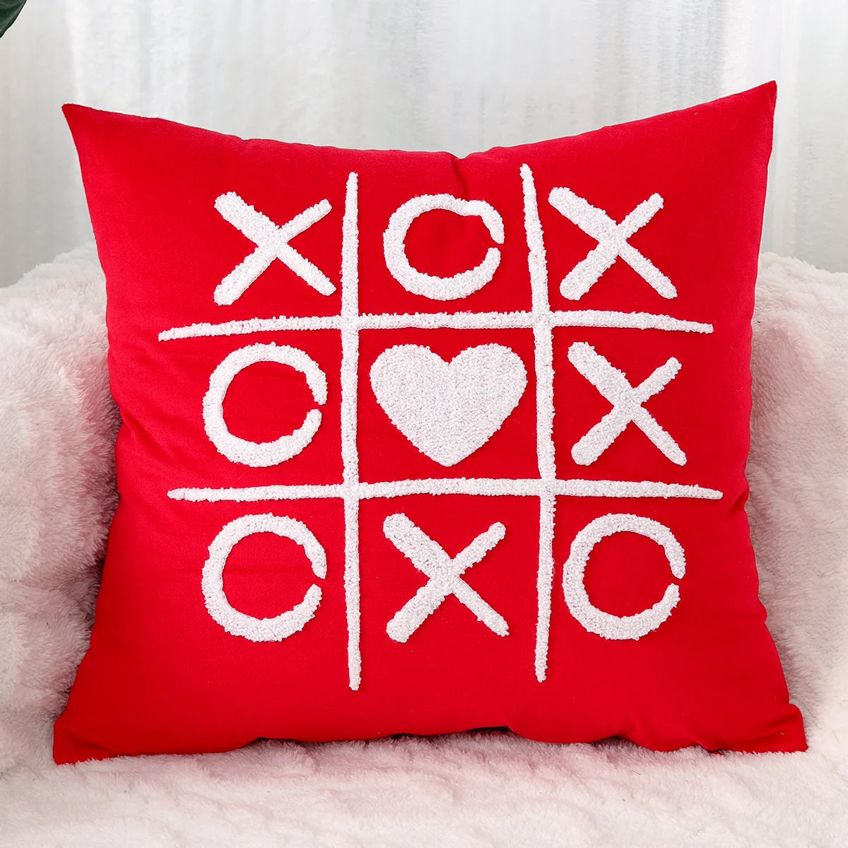 Pillow Cover Cotton-Linen Fuzzy Heart & Tassel Corners