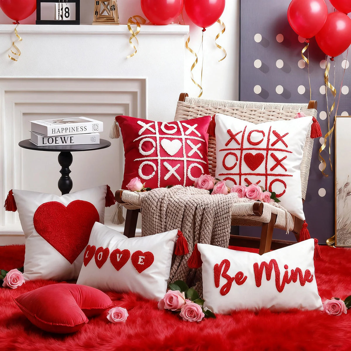 Pillow Cover Cotton-Linen Fuzzy Heart & Tassel Corners