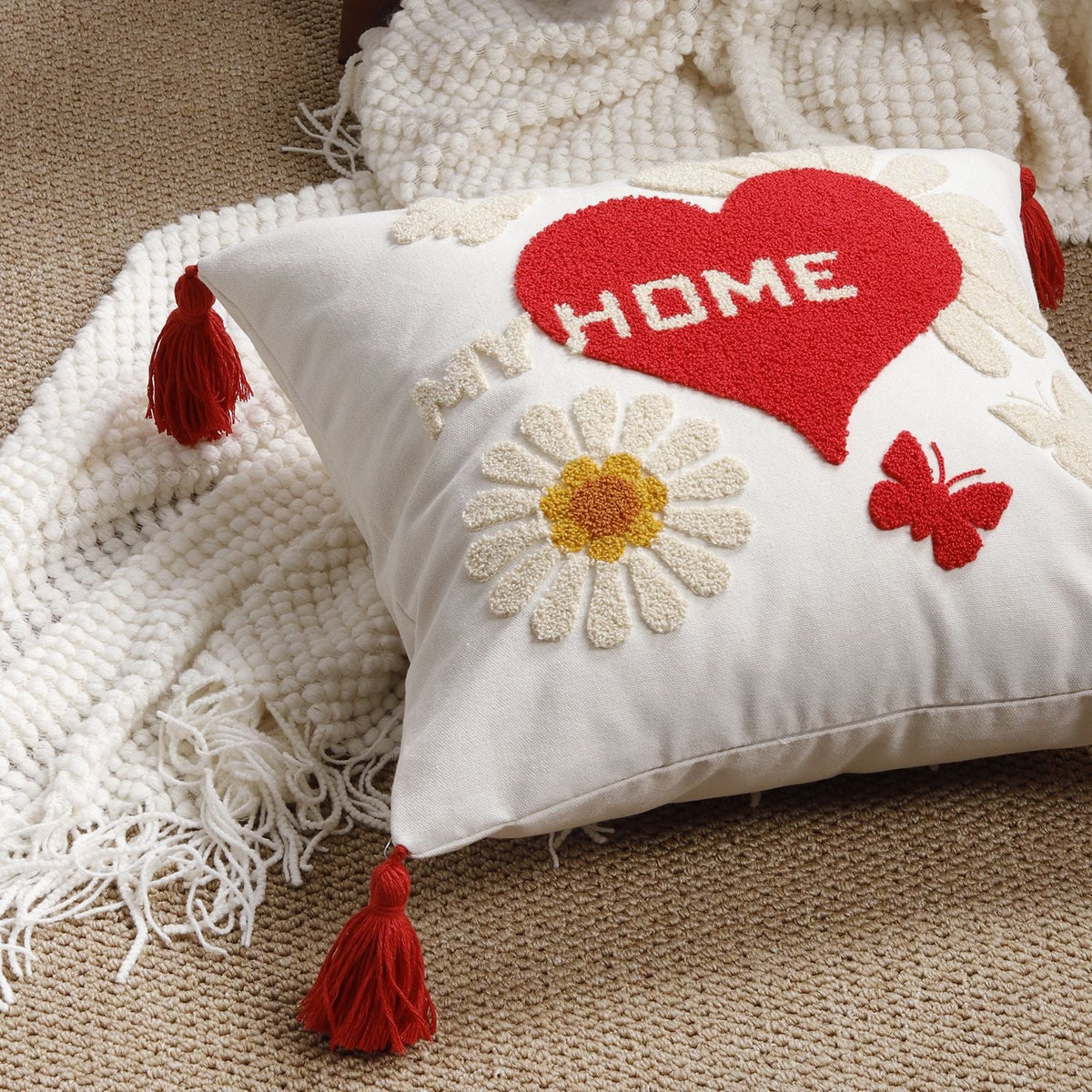 Pillow Cover Cotton-Linen Fuzzy Heart & Tassel Corners