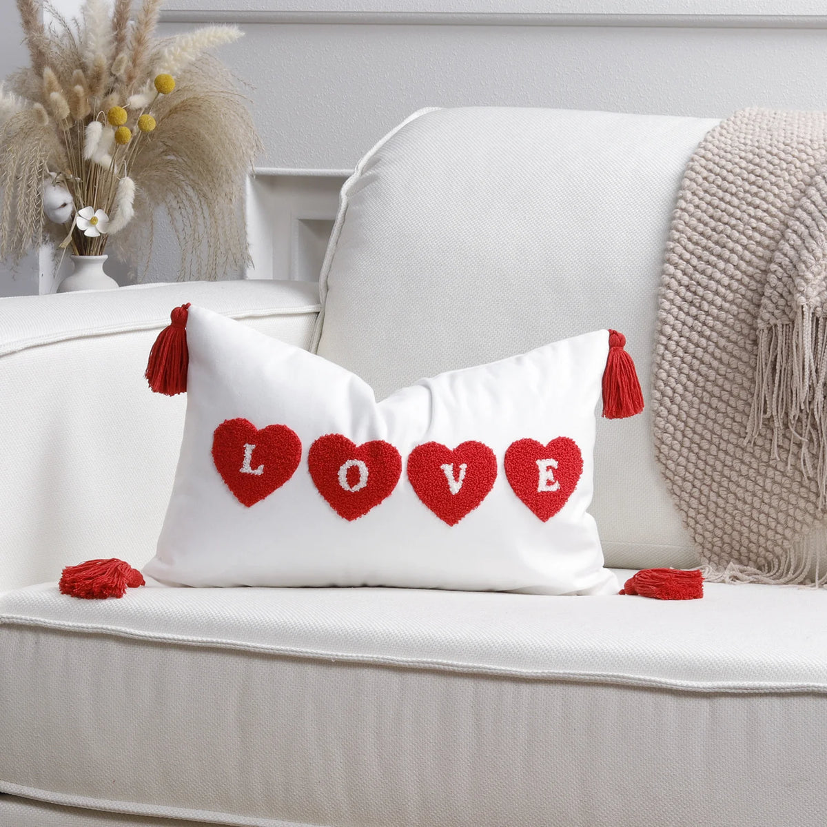Pillow Cover Cotton-Linen Fuzzy Heart & Tassel Corners