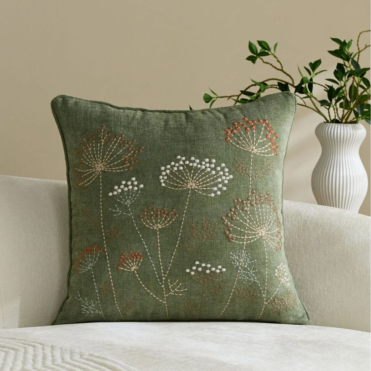 Pillow Cover Embroidered Linen-Blend Hidden Zipper