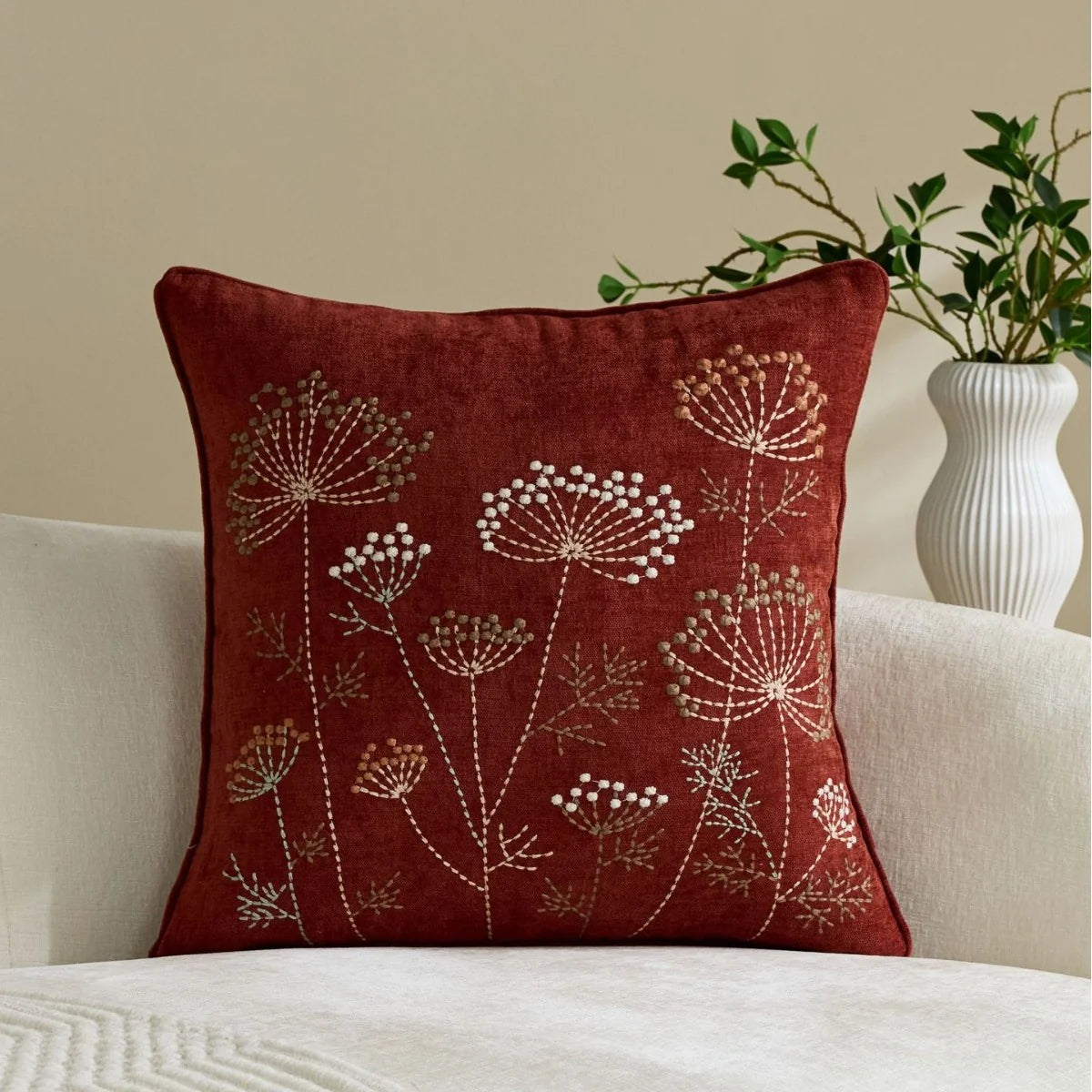 Pillow Cover Embroidered Linen-Blend Hidden Zipper