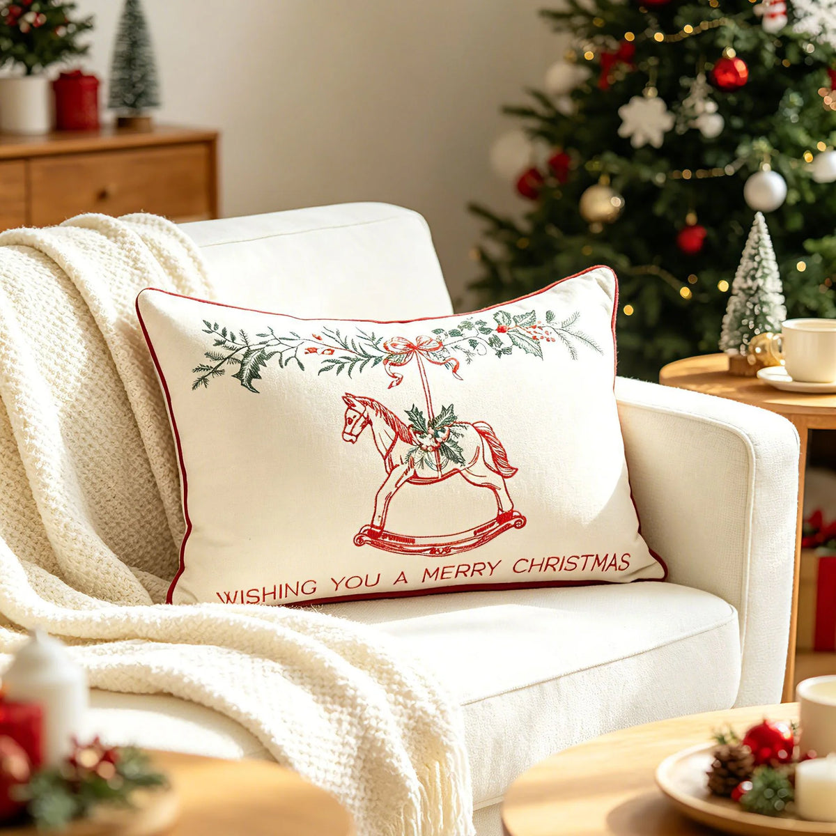 Pillow Cover Embroidered Rocking Horse Linen-Look & Hidden Zipper
