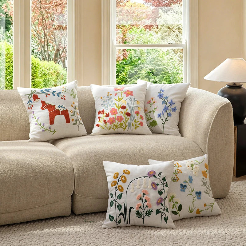 Pillow Cover Hand-Embroidered Linen-Look Hidden Zipper 18x18