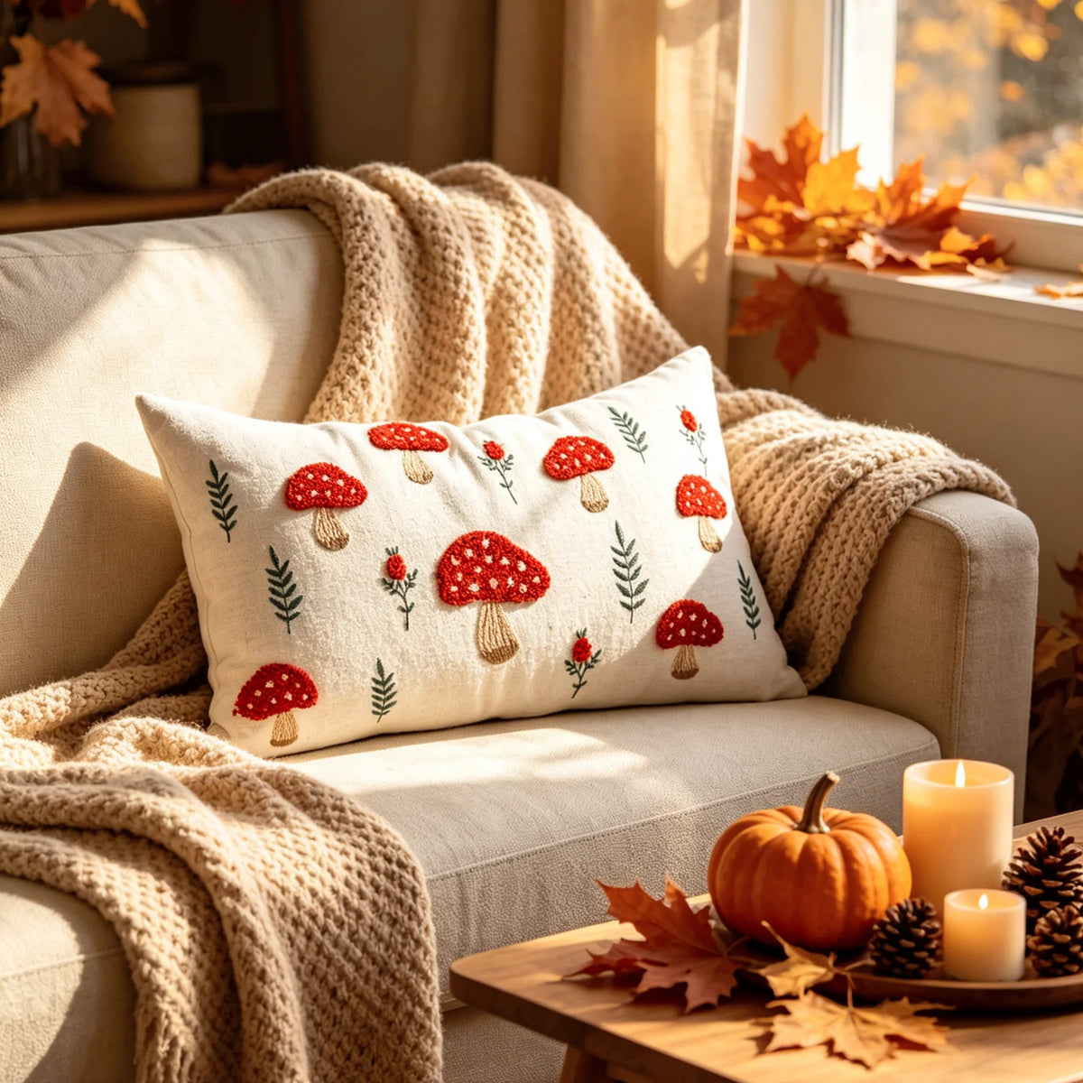 Pillow Cover Hand-Embroidered Mushroom & Oak Leaf Cotton-Linen
