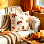 Pillow Cover Hand-Embroidered Mushroom & Oak Leaf Cotton-Linen