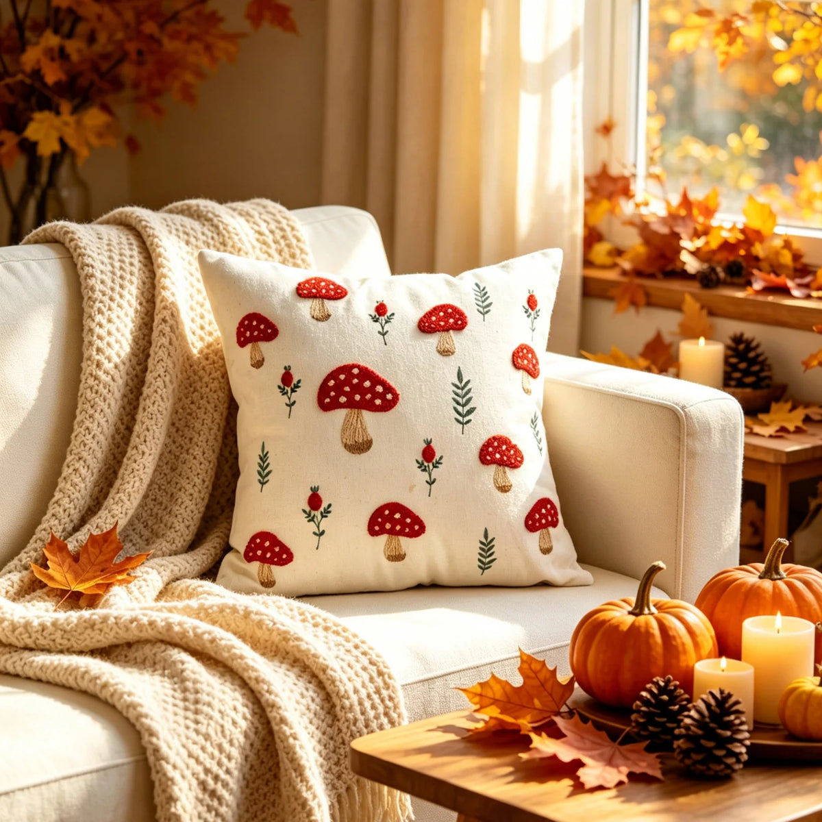 Pillow Cover Hand-Embroidered Mushroom & Oak Leaf Cotton-Linen