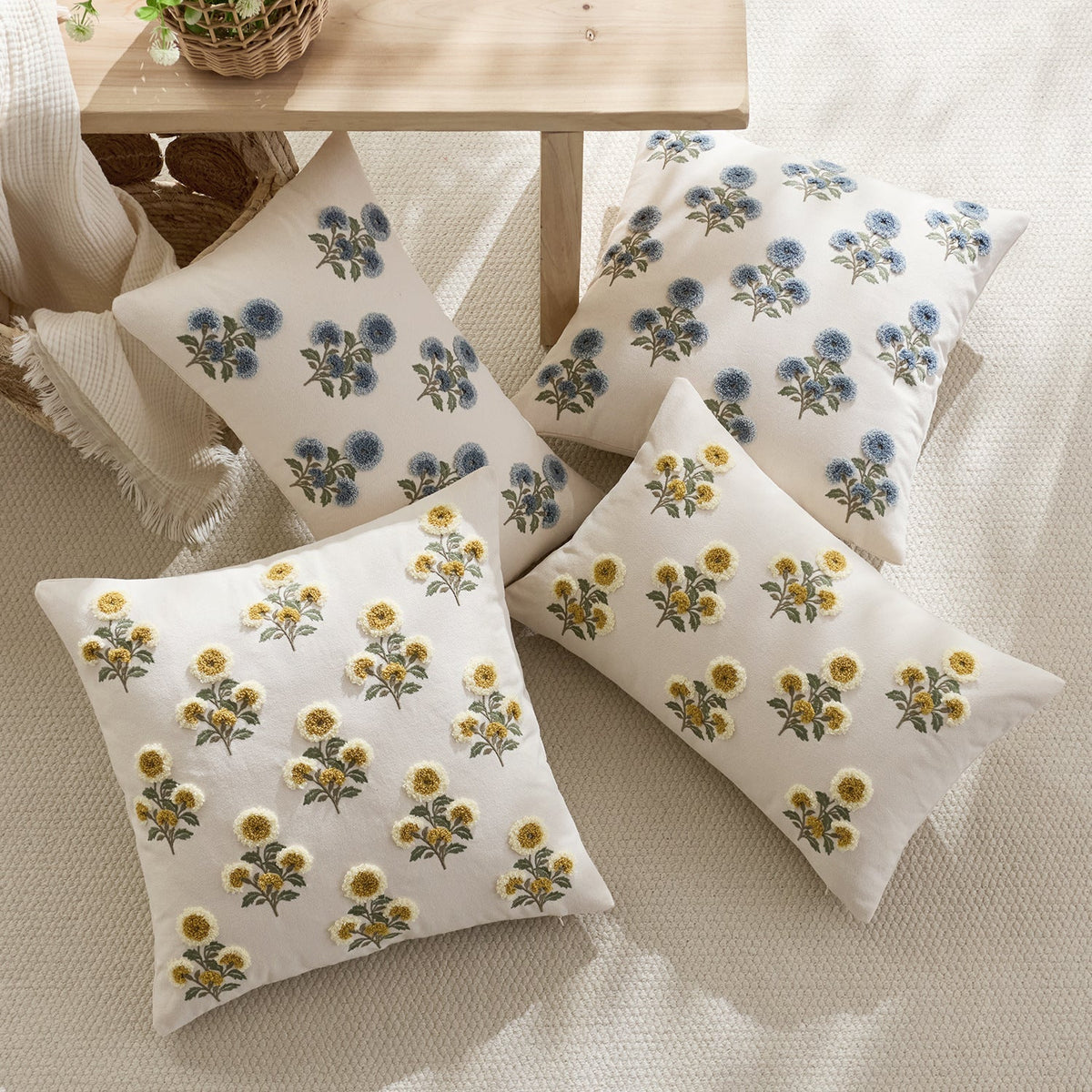 Pillow Cover Hand-Tufted Floral Cotton-Linen Hidden Zipper