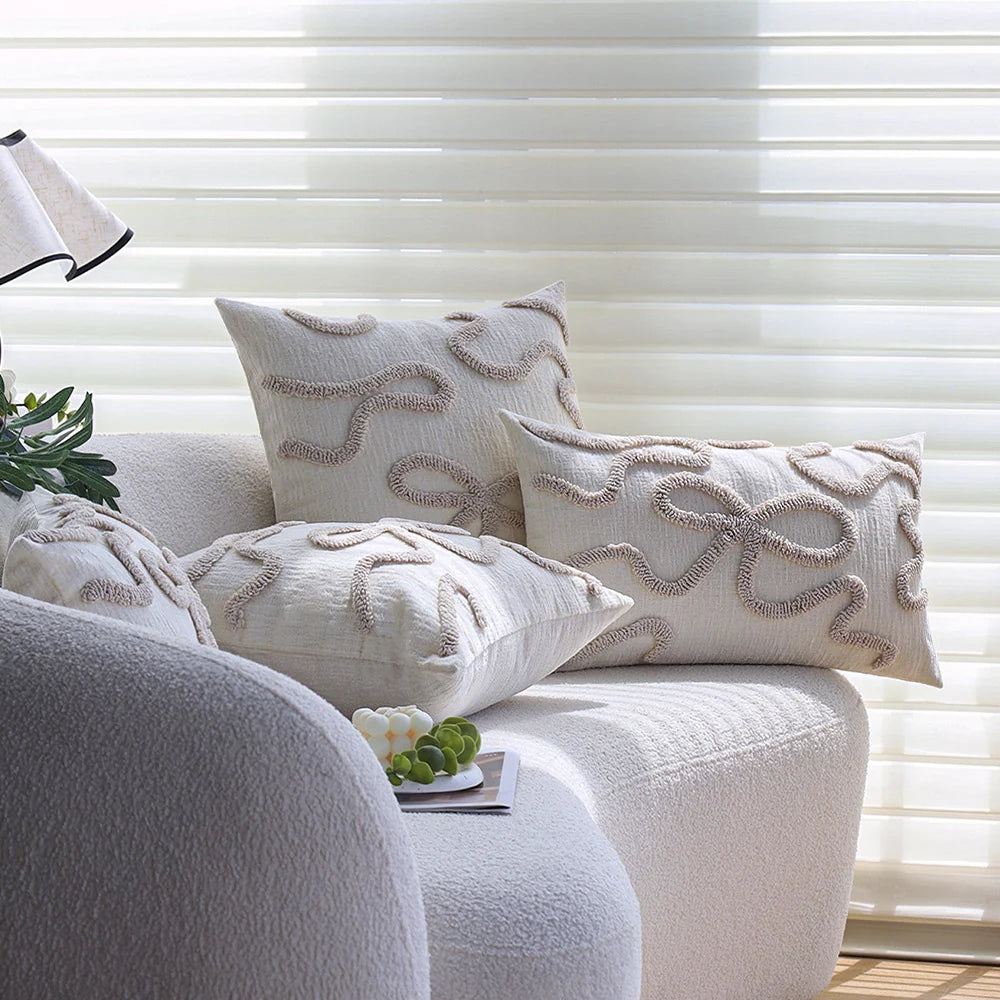 Pillow Cover Hand-Tufted Wave Texture Cotton-Linen Blend Hidden Zipper