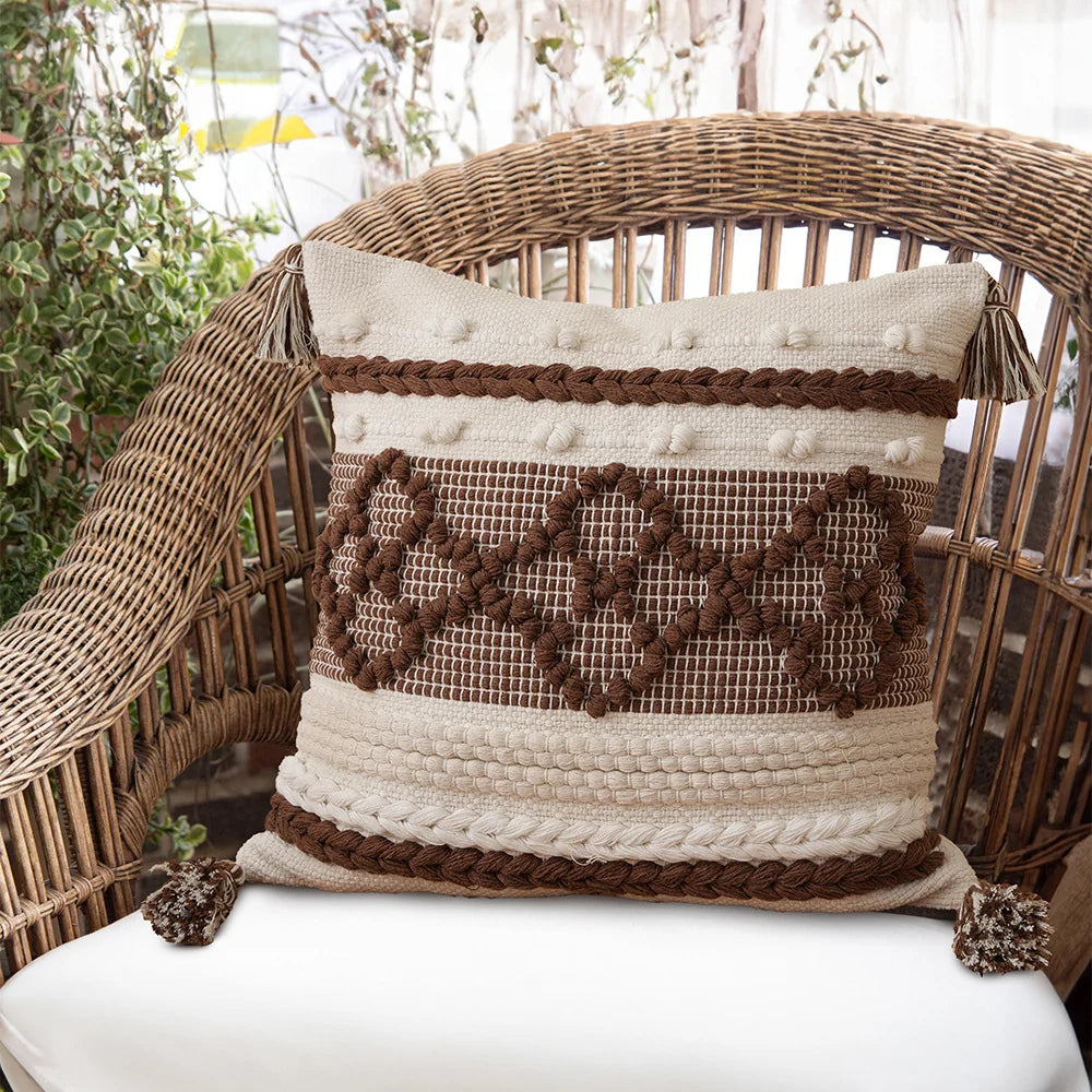 Pillow Cover Handcrafted Tufted Diamond & Tassels Cotton 45x45