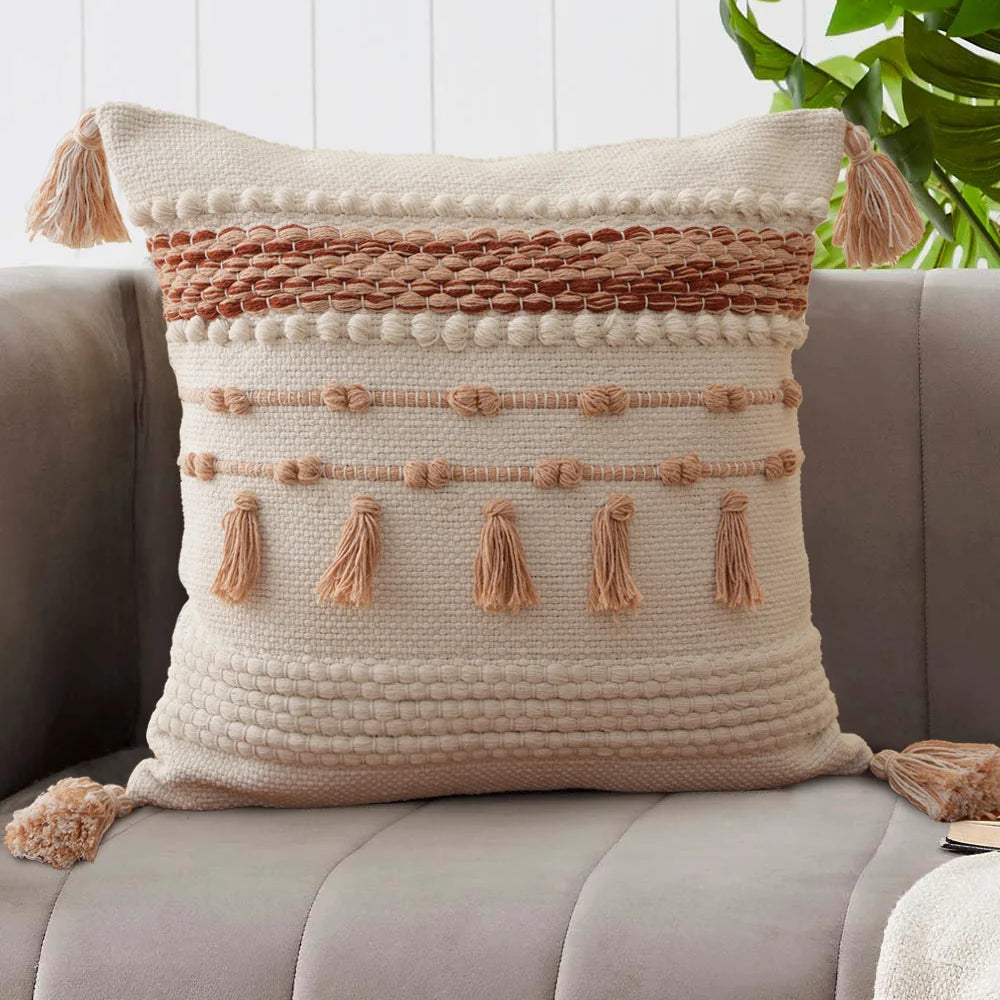Pillow Cover Handcrafted Tufted Diamond & Tassels Cotton 45x45