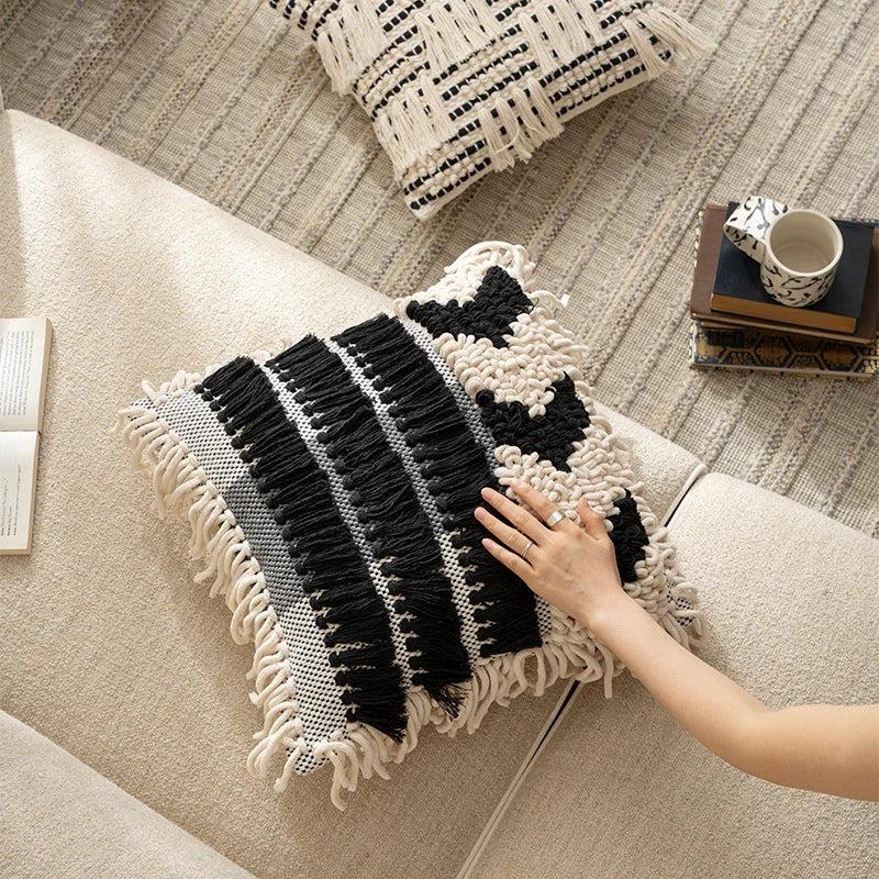 Pillow Cover Handcrafted Tufted Tassel Fringe Cotton Blend