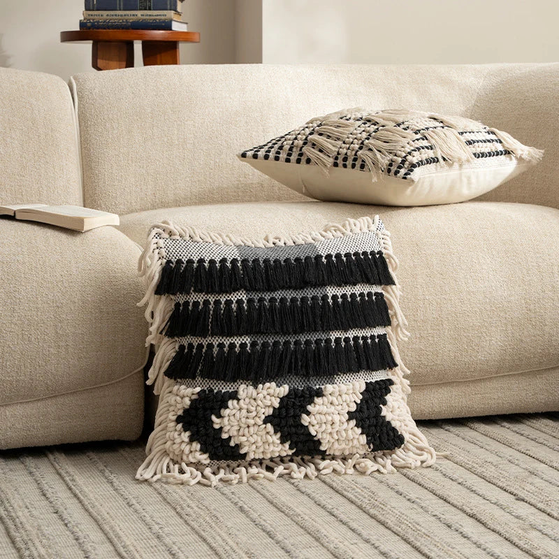 Pillow Cover Handcrafted Tufted Tassel Fringe Cotton Blend
