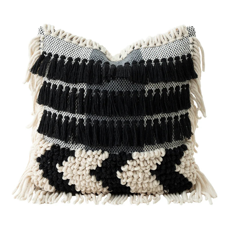 Pillow Cover Handcrafted Tufted Tassel Fringe Cotton Blend