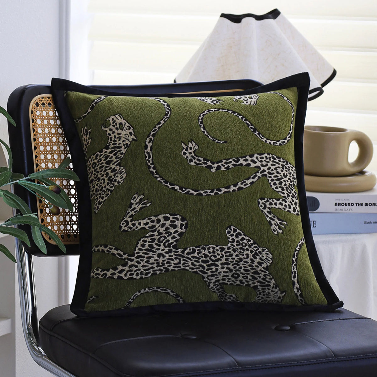 Pillow Cover Leopard Jacquard & Velvet Piping 18x18