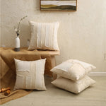 Pillow Cover Linen-Blend Fringed Patchwork Concealed Zipper